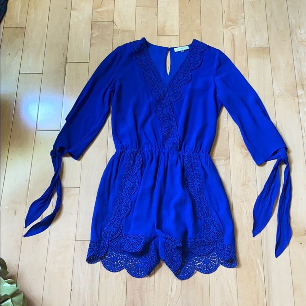 Sugar+Lips royal blue lace romper w/ tie sleeves